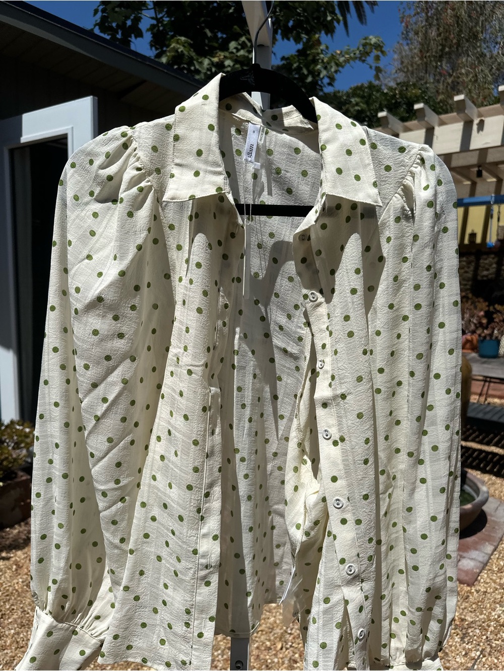 glam Cream Button-Down Shirt with Green Polka Dots NWT